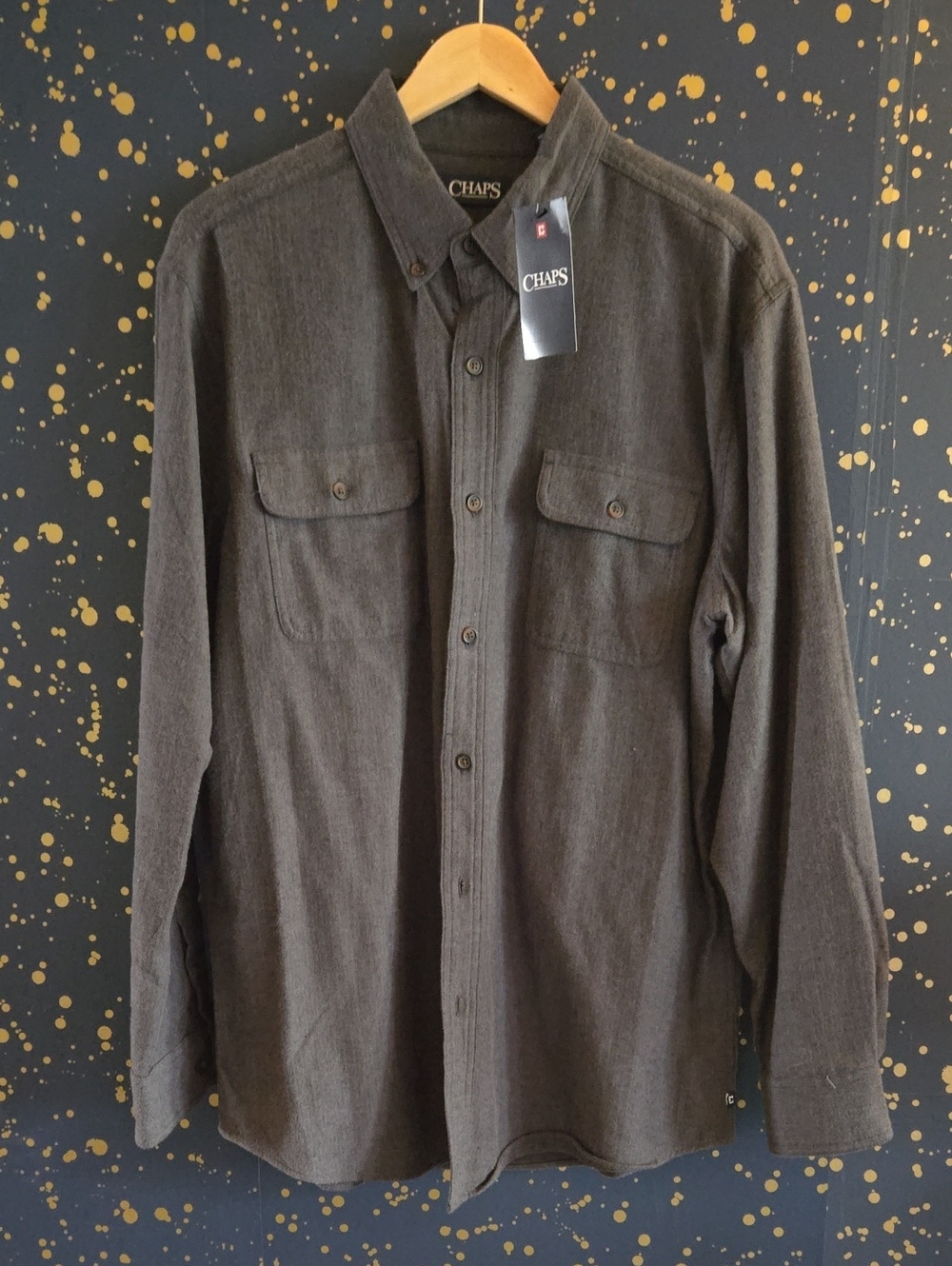 NWT CHAPS Grey Woven Herringbone Flannel Patch Pocket Mens Button Up Shirt L